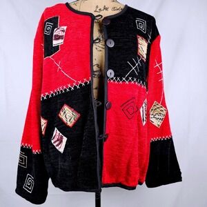 Vintage Keren‎ Hart Women's L Jacket Red Black Patchwork Button Front Textured